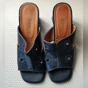 Black leather chunky  block heel sandal